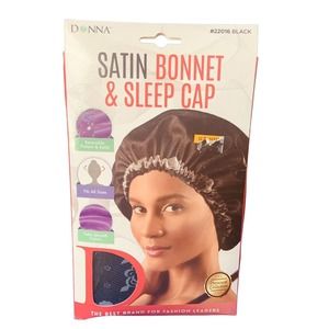 Donna Collection Premium Satin Bonnet & Sleep Cap Black Reversible Fits All New